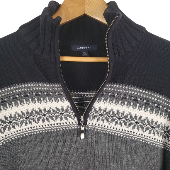Lands' End Women's Black and Gray Fair Isle Quarter Zip Sweater. XL. H110 - Picture 2 of 9